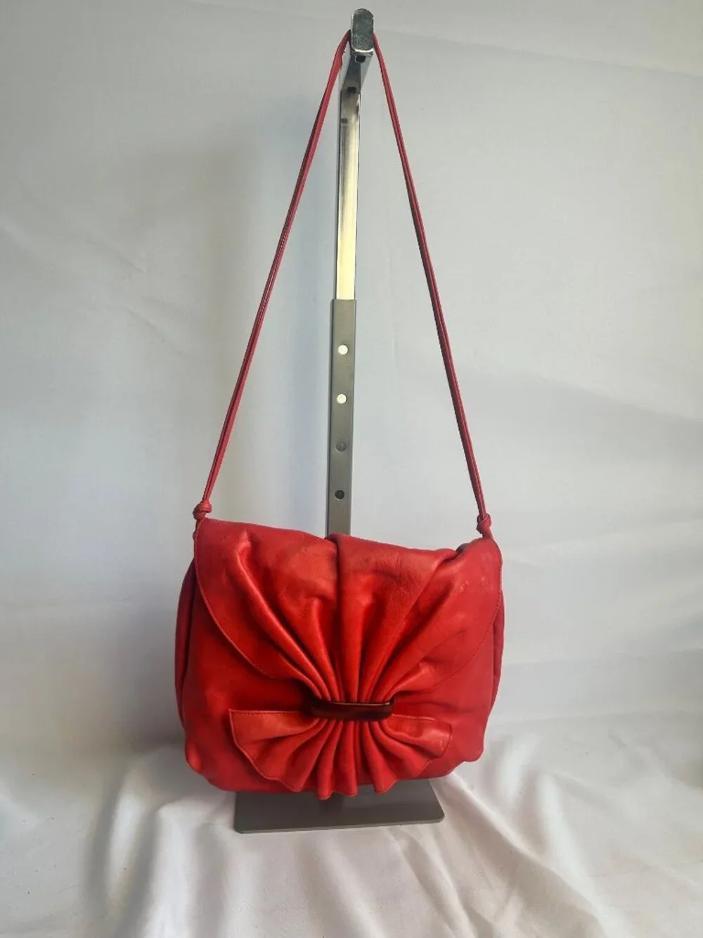 Women's Red Leather Shoulder Bag Bow Flap Purse Slouch Hobo Handbag Adjustable S